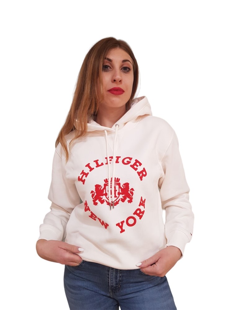 Tommy Hilfiger donna felpa bianca collage con cappuccio e logo floccato 