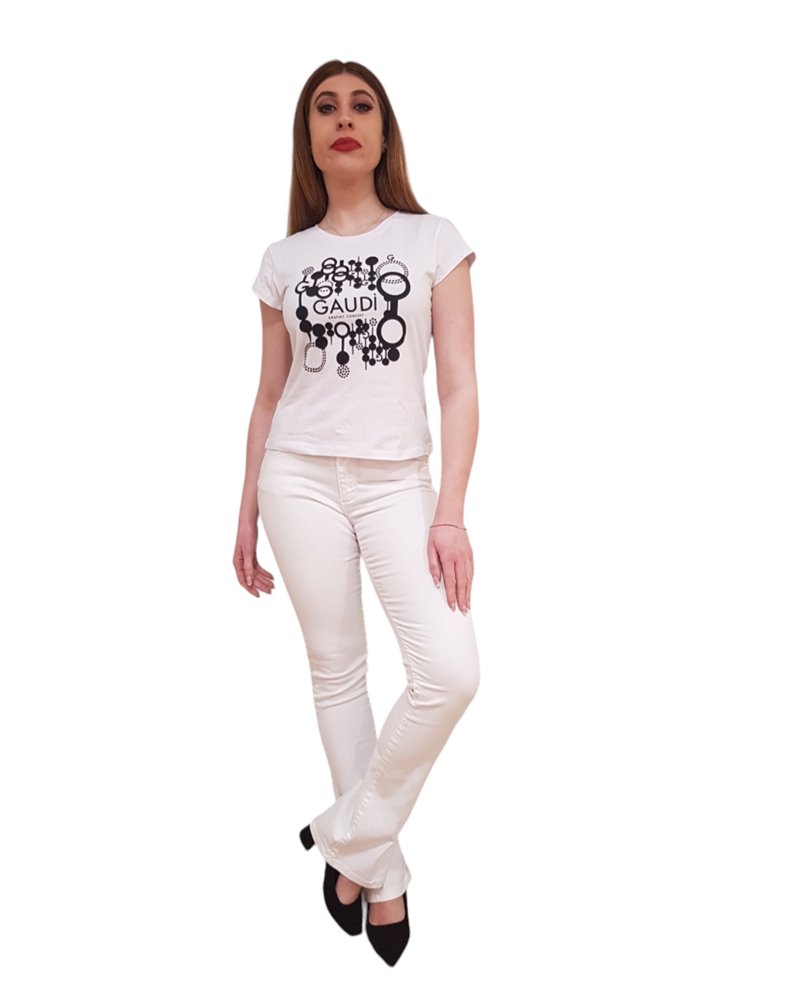 Gaudi t shirt donna bianca con stampa e applicazione di perline