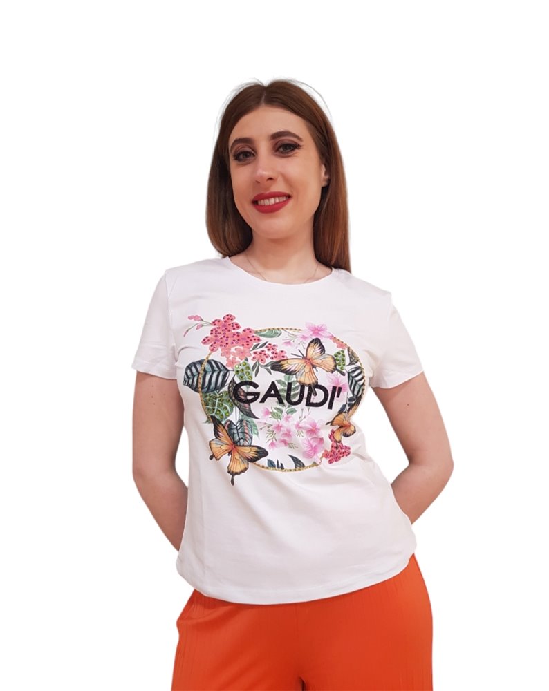 Gaudi t shirt donna bianca con strass e stampa floreale 411fd64006-2100