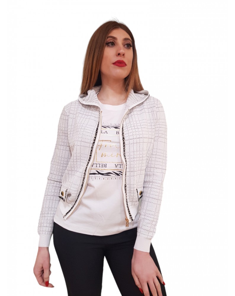 Fracomina cardigan con zip e cappuccio crema e nero fr24st8017k420q7-109