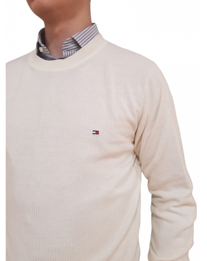 Tommy Hilfiger pullover uomo bianco in maglia tramata mw0mw33511-aef