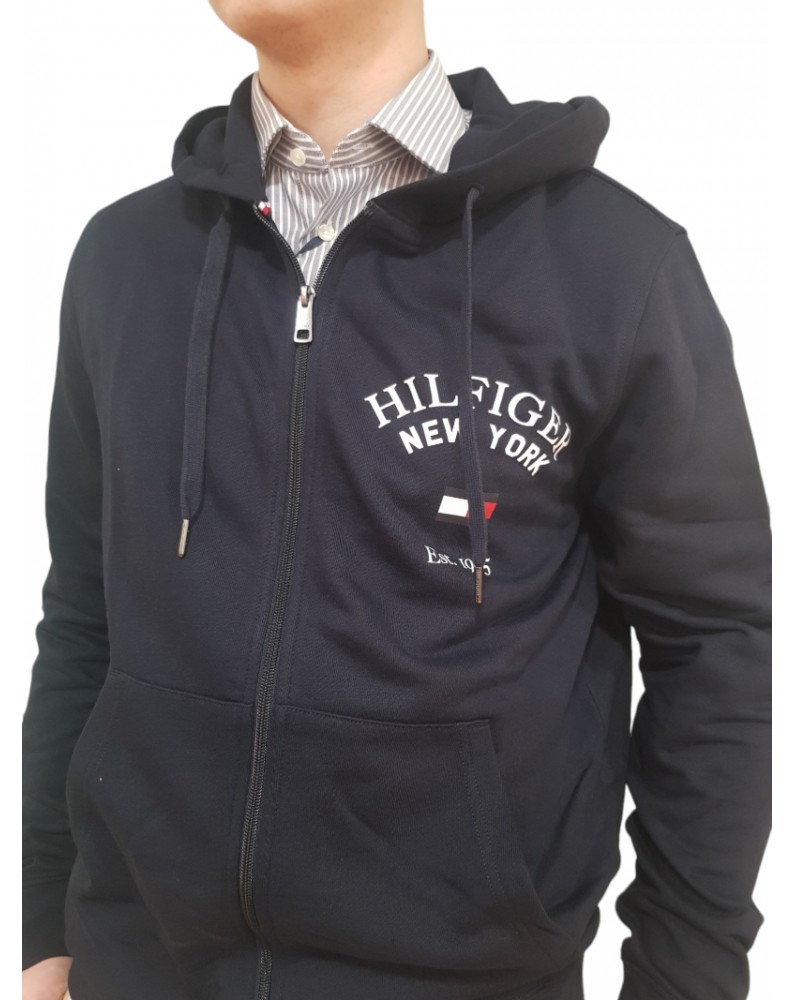 Tommy Hilfiger felpa uomo blue con cappuccio e zip Arched varsity mw0mw33644-dw5