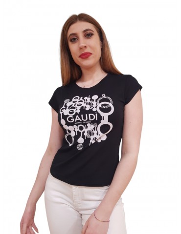 Gaudi t shirt donna nera con stampa e applicazione di perline 411fd64009-2001