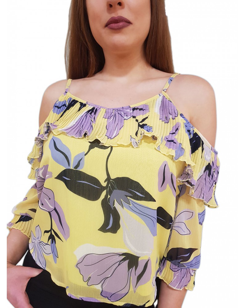 Gaudi blusa fantasia floreale in georgette yellow-lilac-black