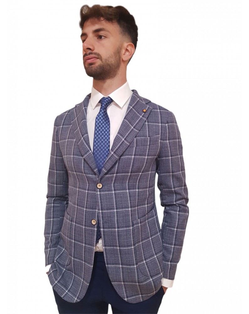 Roberto P Luxury giacca quadri in cotone grigio e blue