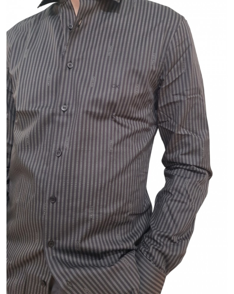 Calvin Klein camicia uomo rigata nera twill logo stripe fitted