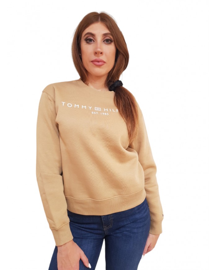 Tommy Hilfiger felpa donna girocollo beige con logo ww0ww39791aci