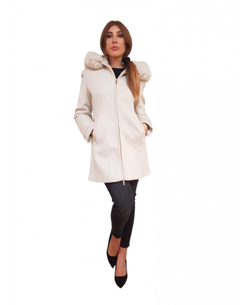 Fracomina cappotto beige con cappuccio impellicciato fr24wc1016w57901-108