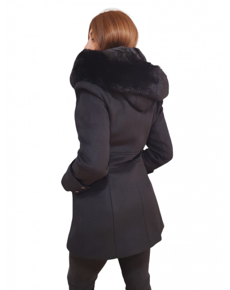 Fracomina cappotto con cappuccio impellicciato nero fr24wc1016w57901-053