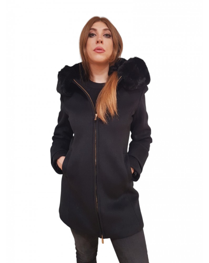 Fracomina cappotto con cappuccio impellicciato nero fr24wc1016w57901-053