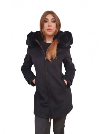 Fracomina cappotto con cappuccio impellicciato nero fr24wc1016w57901-053