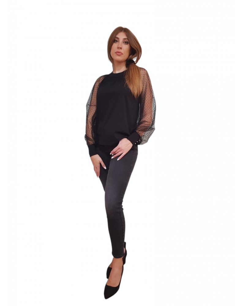 T shirt Fracomina nera con manica lunga in tulle