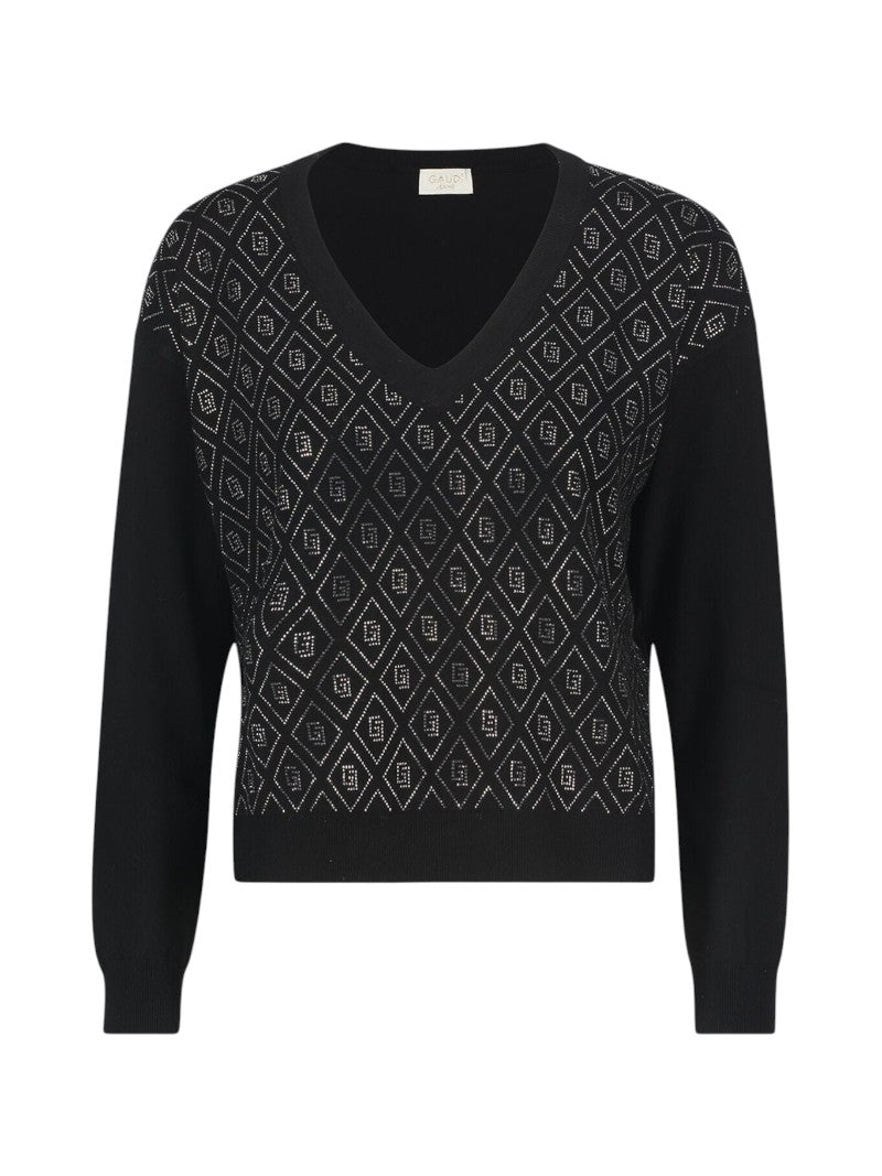 Maglia Gaudi Donna Nera Scollo V Strass Lurex