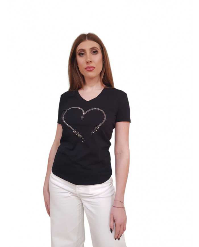 T-shirt Fracomina Scollo a V Cuore Strass | Wellington Jeans