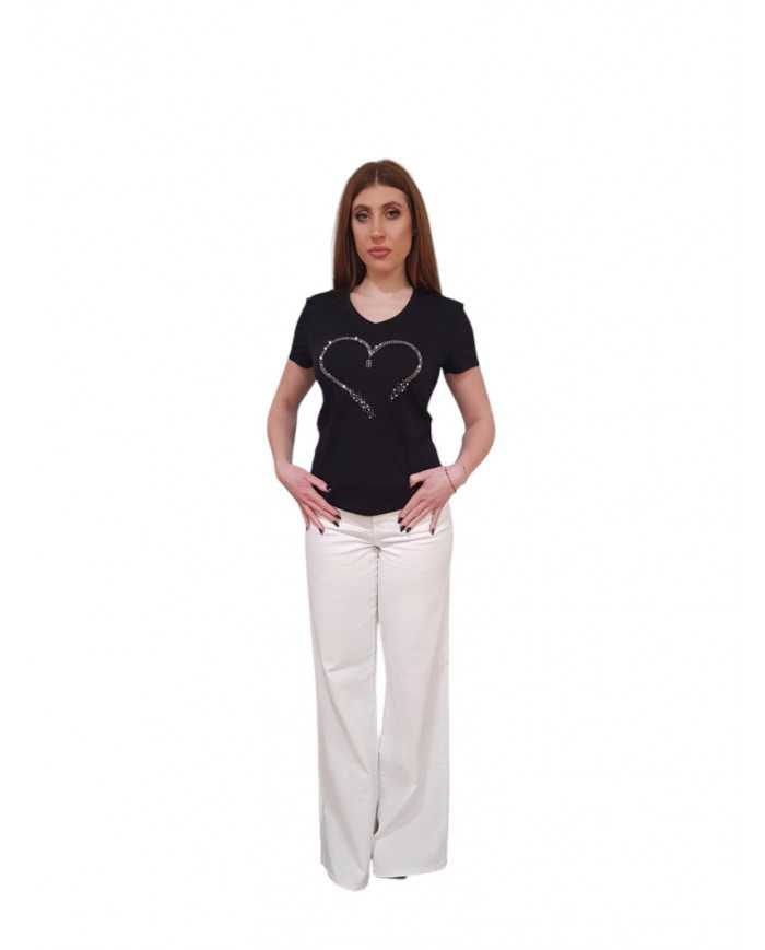 T-shirt Fracomina Scollo a V Cuore Strass | Wellington Jeans