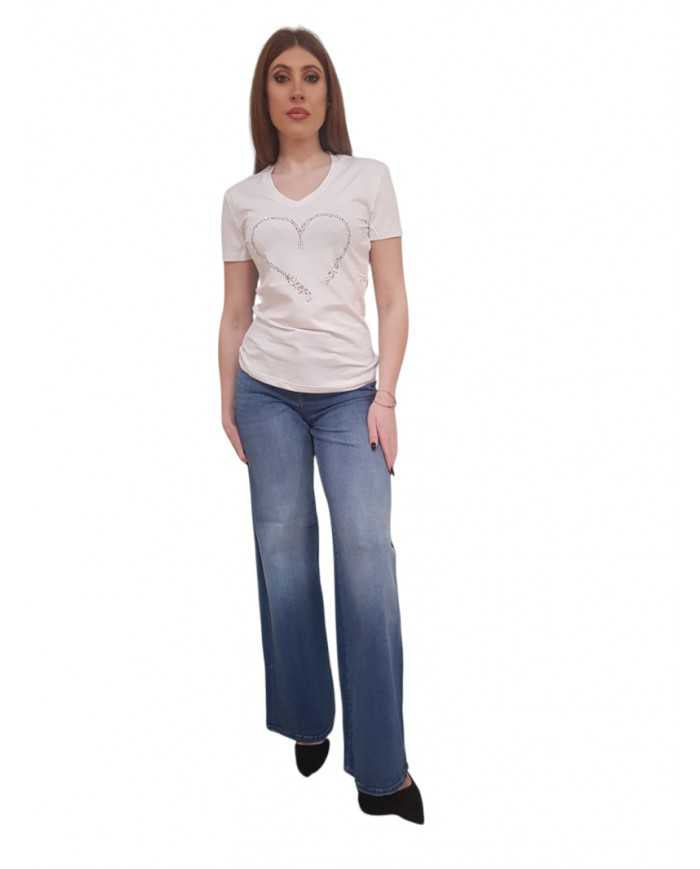 T-shirt Fracomina Scollo a V Cuore Strass | Wellington Jeans