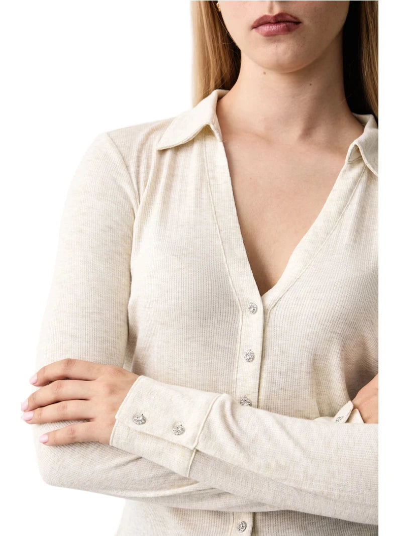 Maglia Polo Donna Guess Bridgette a Coste con Scollo a V